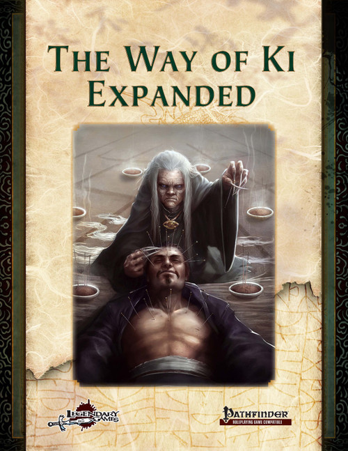 The Way of Ki Expanded (PF1) PDF shows an image of a dark-robed female human performing a ritual involving several bowls over an unconscious or sleeping figure.