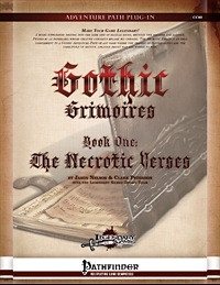 Gothic Grimoires: The Necrotic Verses PDF shows a faded image of a mysterious spellbook on a parchment background behind descriptive text.