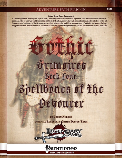 Gothic Grimoires: Spellbones of the Devourer PDF shows a faded image of a creepy, decorated skull and bony fingers in front of a parchment background and behind some descriptive text.