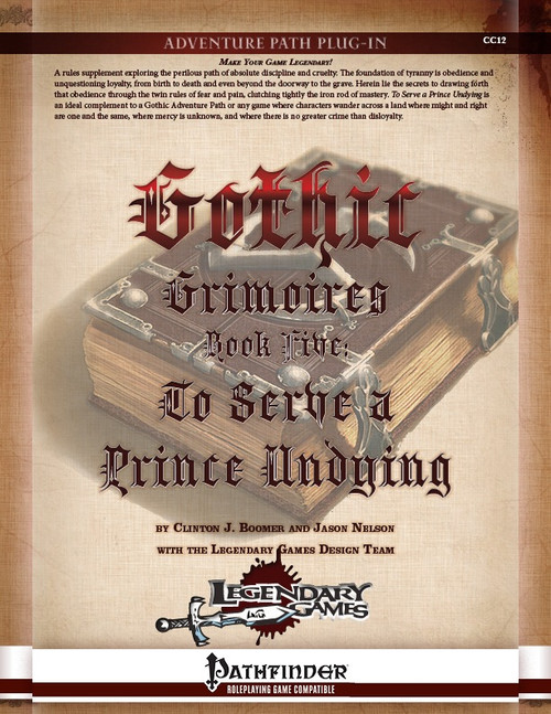 Gothic Grimoires: To Serve a Prince Undying PDF shows a faded image of a thick, ornate spellbook in front of a parchment background and behind some descriptive text.