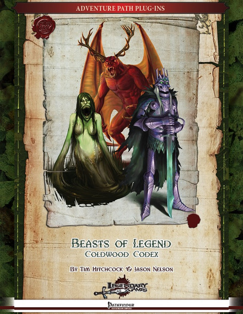 Beasts of Legend: Coldwood Codex PDF shows three different humanoid monsters; a green-skinned feminin figure, an armored figure, and a winged red demon.