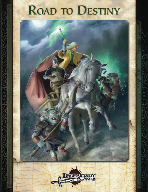 Road to Destiny (5th Edition) PDF shows fantasy heroes driving a horse-drawn carriage down a road on a moonlit night as they’re attacked by short, goblin-like humanoid monsters. 
