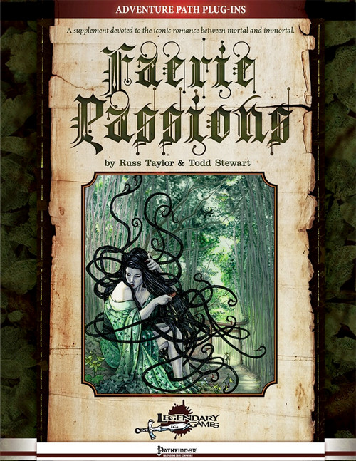 Faerie Passions PDF shows a mysterious fey woman wearing green robes and with several long strands of coiling hair that she’s combing as she sits on the ground along a forest path. 
