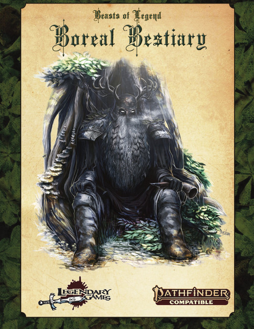 Beasts of Legend: Boreal Bestiary (PF2) PDF shows a bearded humanoid creature armed with a bow who’s seated against a large tree trunk.