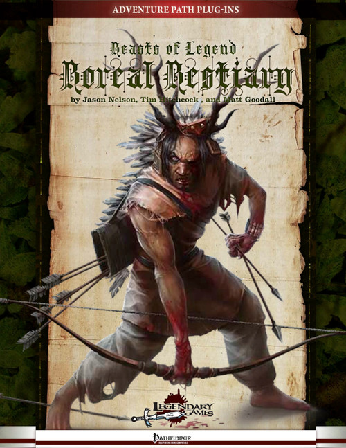 Beasts of Legend: Boreal Bestiary PDF shows a humanoid creature with deer antlers on his head, wielding a bloody longbow.