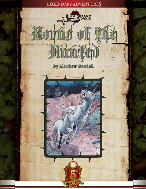Horns of the Hunted (5E) PDF shows a pair of frightened unicorns fleeing through a blasted landscape.
