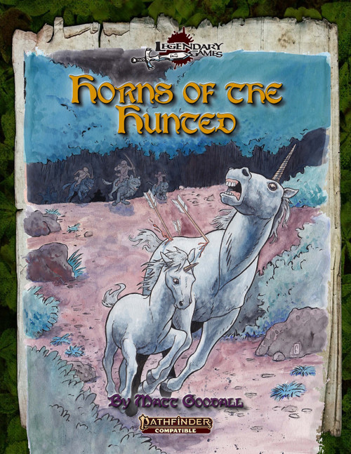 Horns of the Hunted (PF2) PDF shows a pair of frightened unicorns fleeing through a blasted landscape.