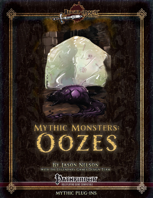 Mythic Monsters: Oozes PDF shows a pale cube of slime in which bones and skulls float; the slimy cube slithers through a dungeon corridor.
