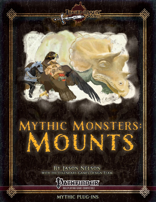 Mythic Monsters: Mounts PDF shows a pair of unusual mounts—a falcon-like bird in the foreground, and a three-horned triceratops dinosaur in the background.