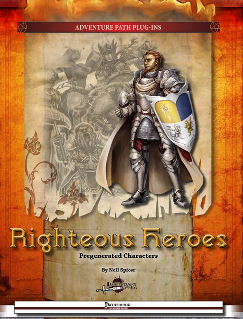Righteous Heroes PDF shows several black and white faded illustrations of characters in the background, while in the foreground stands a full color armored human man.