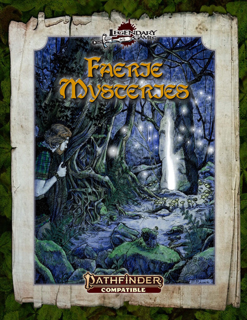 Faerie Mysteries (PF2) PDF shows a wary explorer approaching a mysterious glowing portal deep in a patch of dark woodlands.