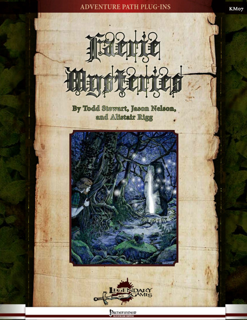 Faerie Mysteries PDF shows a wary explorer approaching a mysterious glowing portal deep in a patch of dark woodlands.