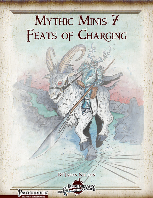 Mythic Minis 7 Feats of Charging PDF book cover, depicting a mythic creature with horns, holding a sword, designed by Jason Nelson, Pathfinder RPG, showcasing mythic feats for monsters, 44-page PDF, digital download.