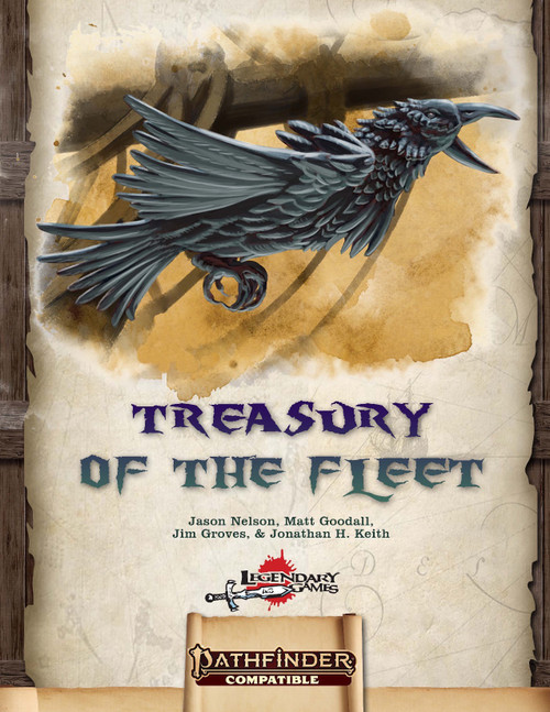 A pirate-themed book cover featuring Treasury of the Fleet (PF2) PDF with Legend of Ashes and Pathfinder logos, black and gold design on parchment, suitable for RPG players with pirate-themed treasures and loot.