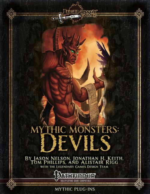 Mythic Monsters XI: Devils PDF cover featuring a muscular red devil with a dark fiery background, 12 devil species, from whispering imps to pit fiends, by Jason Nelson and other creators for Pathfinder RPG.