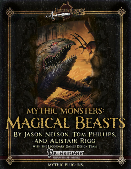 PDF cover of Mythic Monsters XV: Magical Beasts featuring a monster and knight, on a gold text black background, by Jason Nelson, Tom Phillips, and Alistair Rigg, Pathfinder compatible RPG publication.