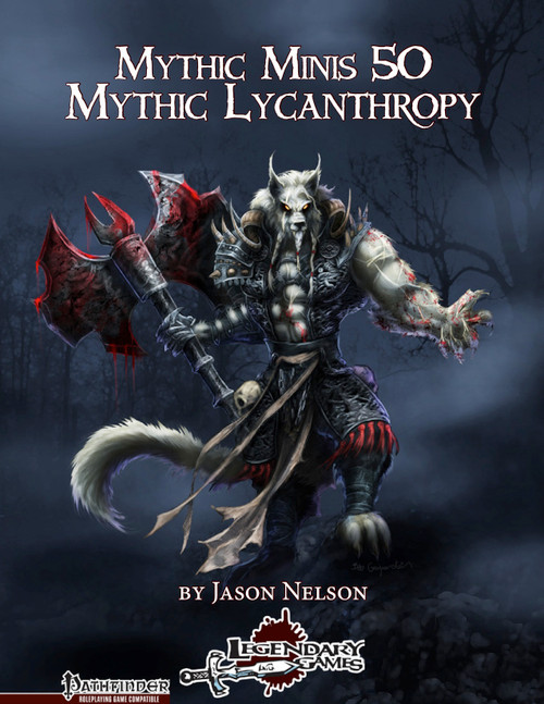 Mythic Minis 50 PDF cover featuring a dark forest background, a werewolf-like creature with sharp claws, and an axe, by Jason Nelson for Pathfinder Roleplaying Game, a small  PDF document with a specific design.