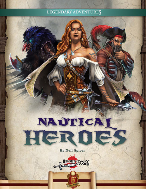 Nautical Heroes 5th Edition PDF cover featuring eight ready-to-play characters in a nautical theme with sailing and swashbuckling elements, created for 5th Edition campaigns and available in digital format, with Neil Spicer as author.