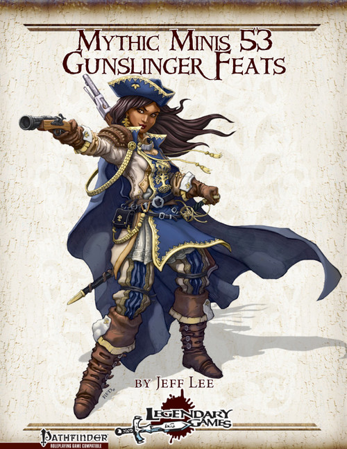 Blue and white-clad female gunslinger holding a gun and sword in a Pathfinder roleplaying game setting, featuring Mythic Minis 53: Gunslinger Feats PDF by Legendary Games, a 12-mytic-feat product for mythic rules.