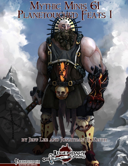 Mythic Minis 61: Planetouched Feats I PDF cover features an ifrit with spiked headpiece and sword, set amidst rocky mountains and cloudy sky in a fiery red scale color, for Pathfinder roleplaying game.