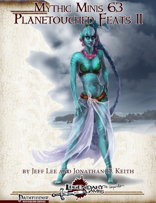 Pathfinder PDF featuring Planetouched Feats II from Mythic Minis, 9 mythic feats for sylphs and undines, including Wings of Air and Triton Portal, blue beach background with humanoid figure.