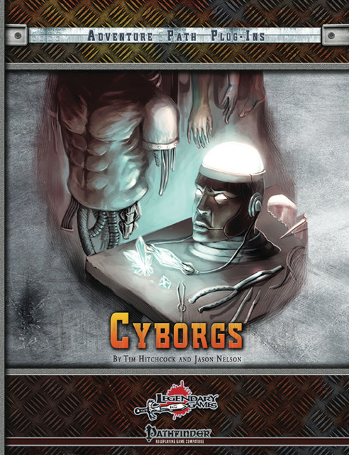 Pathfinder Cyborgs PDF, a cybernetic character with glowing head near a robotic arm, featuring biomechanics and advanced technology, from the Pathfinder Roleplaying Game, a 1-2 page PDF, black and white interior.