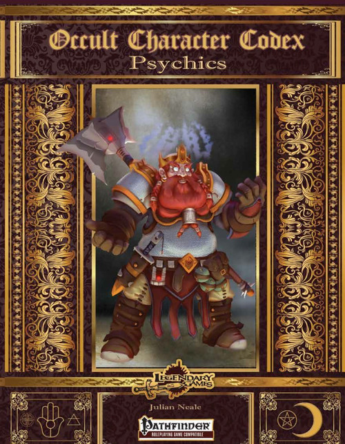 Pathfinder Psychic Characters PDF cover featuring a detailed design with Pathfinder logo, including 20 stat blocks for various psychic enemies and allies in the Occult Character Codex: Psychics for the Pathfinder Roleplaying Game.