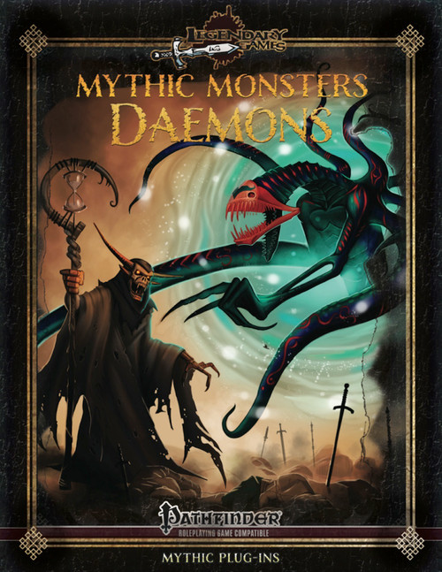 Pathfinder compatible PDF cover for Mythic Monsters 31: Daemons, featuring a hooded figure and large red and blue tentacled creature on a dark background with gold accents.