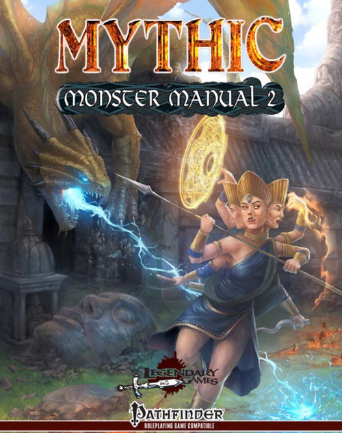 Mythic Monster Manual 2 PDF cover featuring the Pathfinder logo, showcasing a warrior battling a dragon, dynamic Pathfinder RPG mechanics and color illustrations by Legendary Games, a digital product in PDF format.