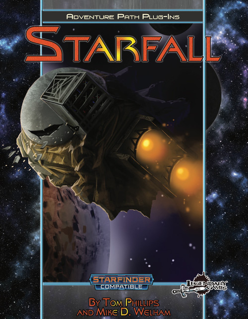 Starfall (Starfinder) PDF, a thrilling adventure where space pirates, alien star-farers, and monstrous enemies collide, set against a star-studded galaxy backdrop, with an orange and yellow title, 36-page Legendary Entertainment publication.