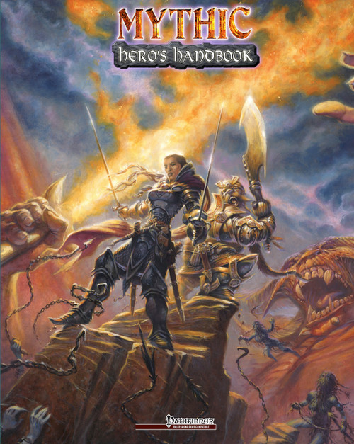 Pathfinder Mythic Hero's Handbook PDF cover features heroes with swords set against a fiery, cloudy background, with the Paizo logo, in vibrant colors, showcasing the iconic brand's expansion for the Pathfinder Roleplaying Game mythic rules, on a blue, rectangular background.