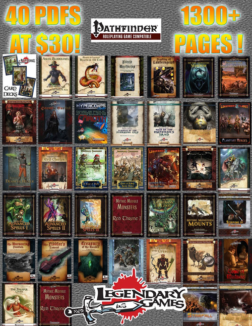 Pathfinder Mega-Bundle PDF, 40 PDFs, nearly 1,400 pages, Legendary Games, various game covers highlighting $30 promotional offer, over 90% savings on RPG products, Black Friday deals, Pathfinder Roleplaying Game products, and massive digital content.