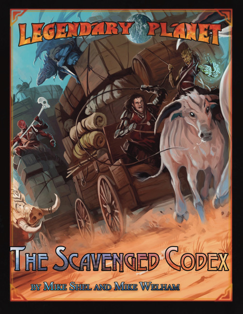 Legendary Planet: The Scavenged Codex PDF cover featuring a maroon wagon in a desert landscape with two riders and a bull, set against a blue creature in the background, on brown and beige cover with blue accents and maroon text.