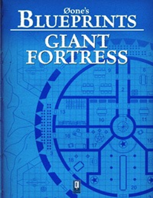 Øone's Blueprints: Giant Fortress PDF, a detailed fantasy fortress plan featuring intricate architecture on a blue background, showcasing Øone's expertise in fantasy architecture, with a blue theme, PDF format.