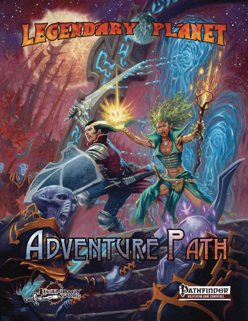 Legendary Planet Adventure Path PDF, a sci-fi fantasy role-playing game campaign book for Pathfinder, featuring sword-wielding characters, cosmic elements, and exotic environments in a pulp-inspired style with a size of unspecified dimensions for Legendary Games.