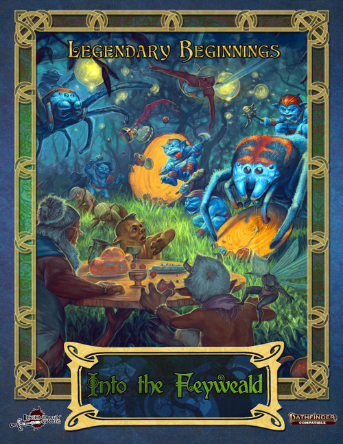 Into the Feyweald (PF2) PDF cover, a Pathfinder 2nd edition adventure set in a fantasy fairy forest with Celtic-inspired border, featuring vibrant colors and mystical atmosphere, ideal for fairies and faerie queens themed quests.