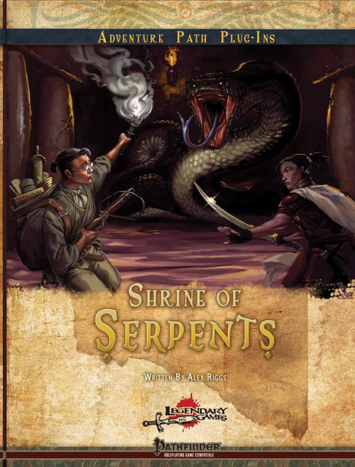 Shrine of Serpents PDF cover featuring a serpent, adventurers, and golden text on a parchment background, with Pathfinder plug-in details, published by Legendary Games, written by Alex Riggs, fantasy adventure RPG.