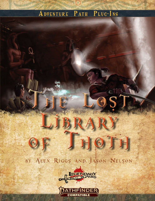 The Lost Library of Thoth PF2 PDF, a desert shrine setting for Pathfinder 2, featuring a man uncovering ancient secrets, compatible PDF, from Paizo, created by Alex Riggs and Jason Nelson, 24-page digital supplement.