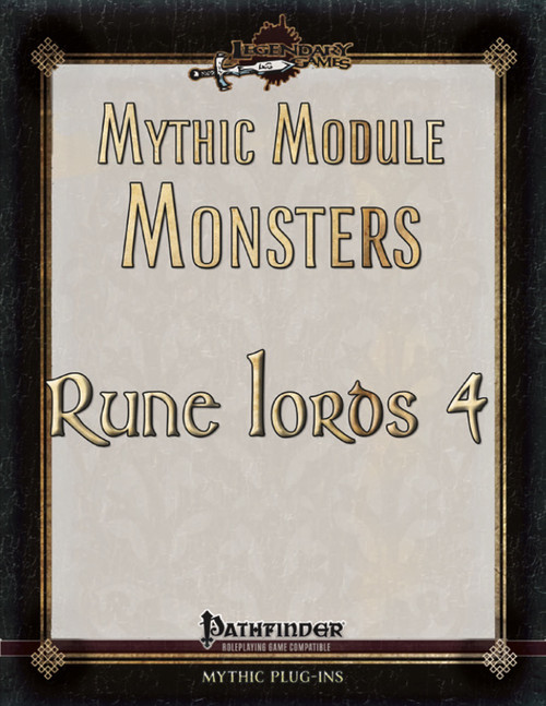 Pathfinder compatible PDF featuring gold text on beige background, black border, and Legendary Games logo, containing mythic monsters, such as taiga giant and hound of Tindalos, for Advanced Player adventures.