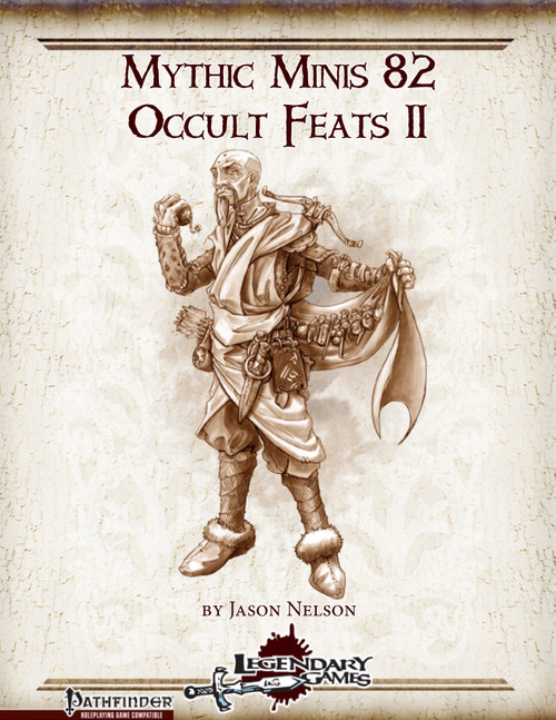 Mythic Minis 82: Occult Feats II PDF cover features a Pathfinder character in robes on a mystical background, published by Legendary Games, offering 10 new mythic feats for psychic specialists and characters.