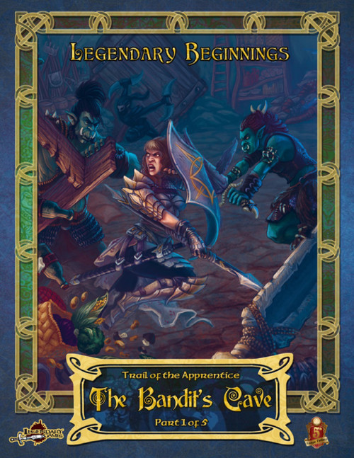 Trail of the Apprentice: The Bandit's Cave PDF, 5E adventure module, Dungeons & Dragons, Celtic border design, blue background, gold accents, fantasy scene featuring warrior and orcs, 5th edition PDF cover.