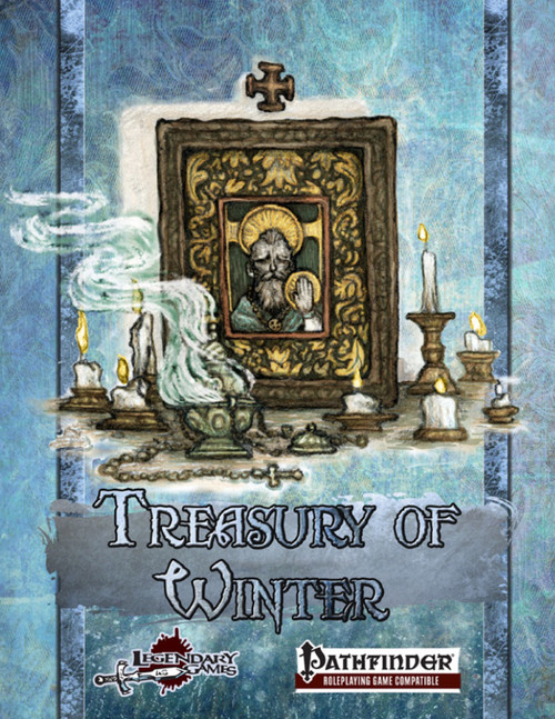 Treasury of Winter PDF for Pathfinder Roleplaying Game, a 12-page collection of Russian myth-inspired magical items, featuring icy elements, mystical symbols, and a blue background, published by Legendary Games and Pathfinder.