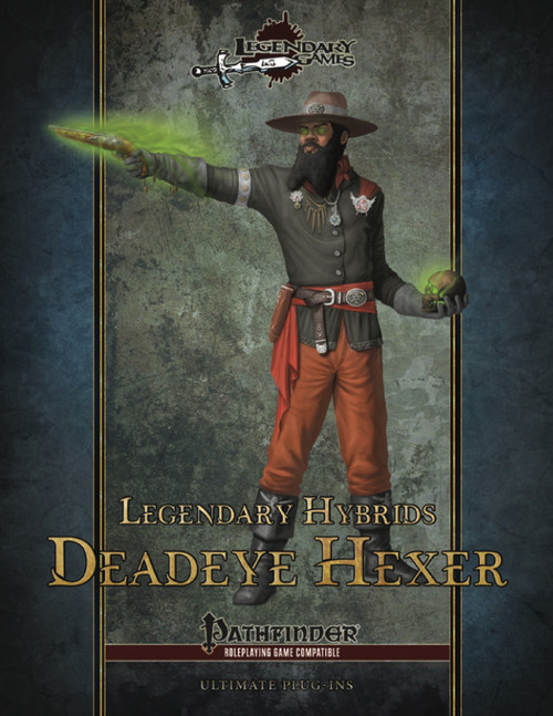 Pathfinder supplement, Legendary Hybrids: Deadeye Hexer PDF, showcases a deadeye hexer character, a 20-level hybrid of witchcraft and gunslinger elements, with a focus on firearms and magical arts for tabletop RPGs.