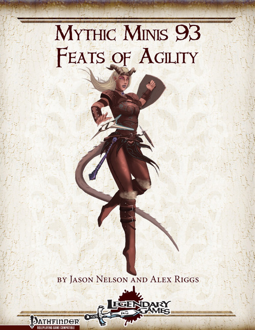 Feats of Agility PDF cover by Jason Nelson and Alex Riggs, featuring a female character with a horned headpiece, sword, and striking pose for Pathfinder RPG, a Legendary Games release in the Mythic Minis series