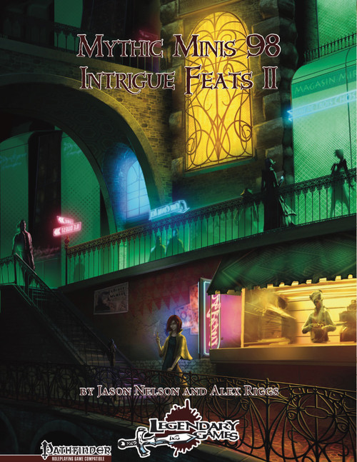 Mythic Minis logo on dark alleyway scene with neon lights, showcasing the Pathfinder RPG brand and featuring 11 new feats in a 4-page PDF, a Mythic Minis product by Legendary Games.