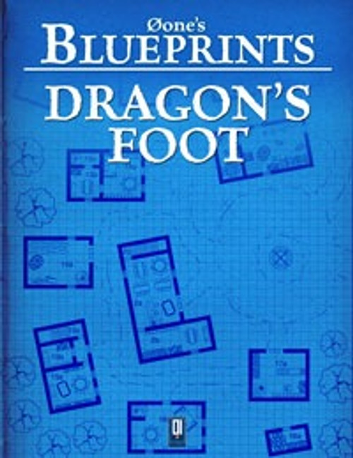 Øone's Blueprints: Dragon's Foot PDF, a fantasy architecture blueprint digital product with blue diagrams on a grid, featuring white title text on a blue cover, showcasing medieval-inspired design plans.