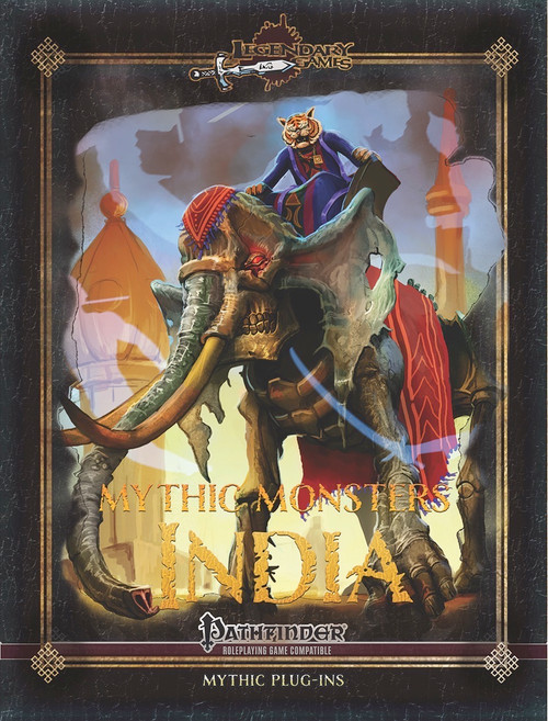Mythic Monsters 41: India PDF features an ornate elephant with regal figure, gold accents, and red saddle, set against a temple backdrop, with Pathfinder logo and gold font, suitable for CR 3-25 roleplaying games in Indian mythology.