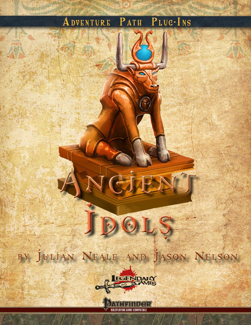 Pathfinder roleplaying game PDF, Ancient Idols feature bronze bull idol with blue gemstone, on a pedestal, by Legendary Games and Pathfinder, showcasing ancient powers and treasures in a treasure trove of knowledge for campaigns and adventure paths.