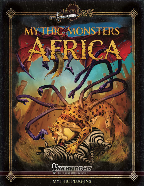 Pathfinder's Mythic Monsters 43: Africa PDF, a 36-page document, featuring a monstrous creature attacking a zebra and leopard in the savannah, with gold title text and logo, set against a rocky backdrop.