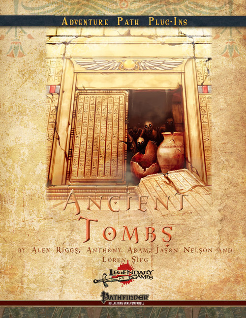 Pathfinder Ancient Tombs PDF cover featuring an ancient tomb entrance with stone door, artifacts and mysterious interior, with tomb treasures, hazards and guardian creatures in detailed descriptions and tables by RPG developers.